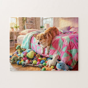 Corgi rutscht schlafend vom Bett