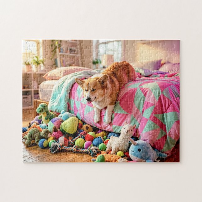 Corgi rutscht schlafend vom Bett (Horizontal)