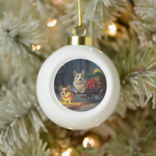 Corgi Schneeschlitten Weihnachtsdekoration  Keramik Kugel-Ornament