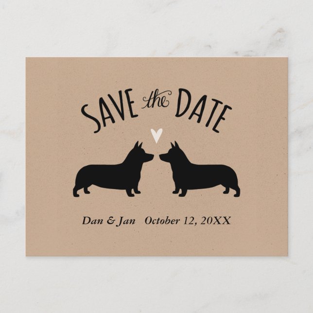 Corgi-Silhouetten Hochzeiten speichern das Datum Ankündigungspostkarte (Vorderseite)