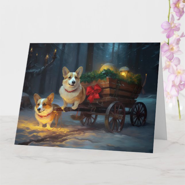 Corgi Snowy Sleigh Weihnachtsdekor Karte (Orchidee)