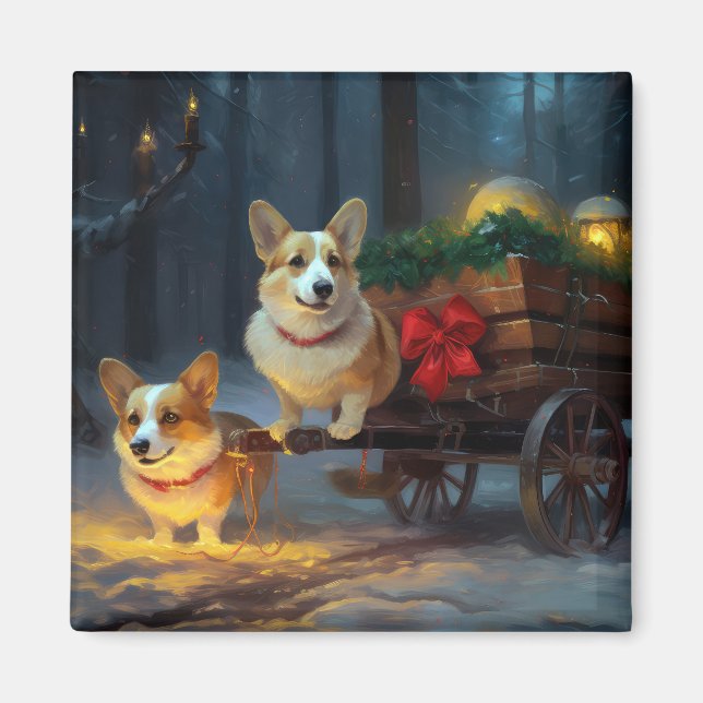 Corgi Snowy Sleigh Weihnachtsdekor Magnet (Vorne)