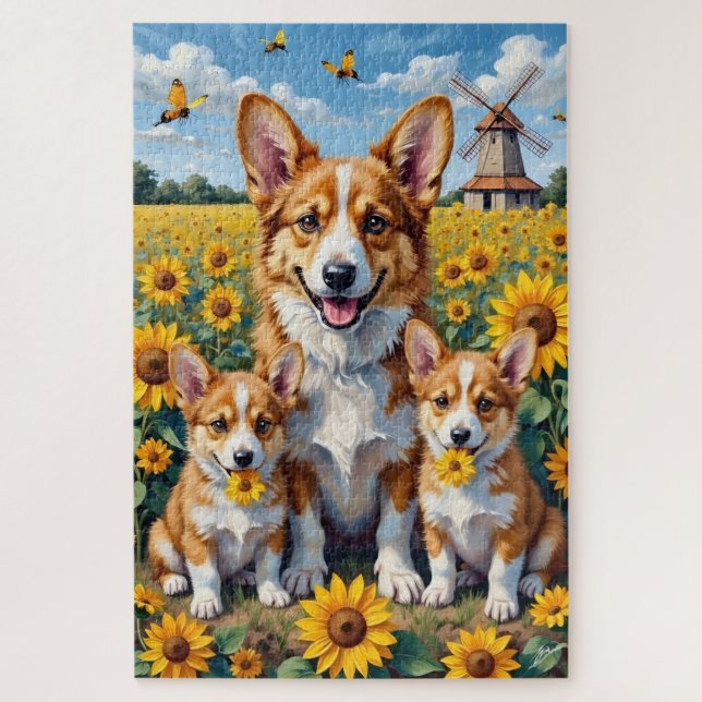 Corgi-Sonnenblumenfeld-Kunst (Vertikal)