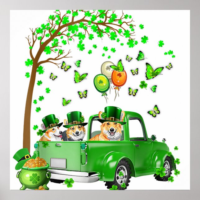 Corgi St Patricks Day Grüner LKW unter dem Baum Poster (Vorne)