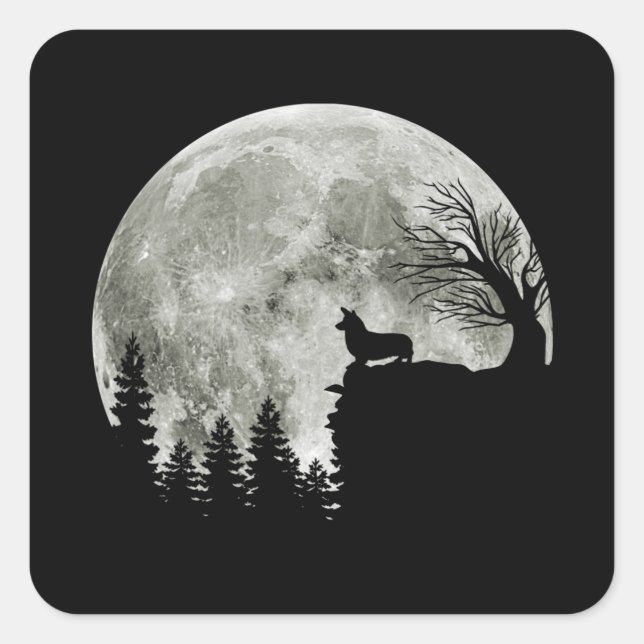 Corgi Stehend auf Mondschein Halloween Quadratischer Aufkleber (Vorderseite)