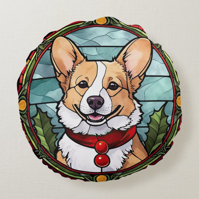 Corgi Stetti Glass Christmas Rundes Kissen (Rückseite)