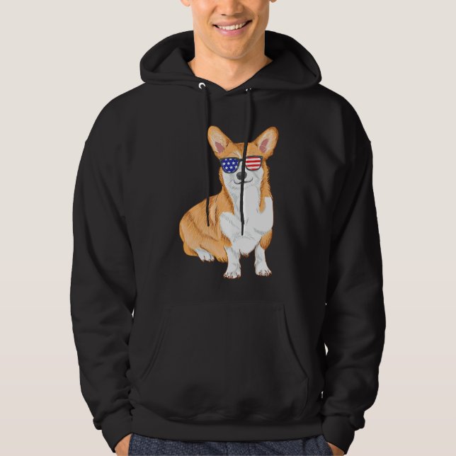 Corgi Sunglasses American Flag Hund Hoodie (Vorderseite)