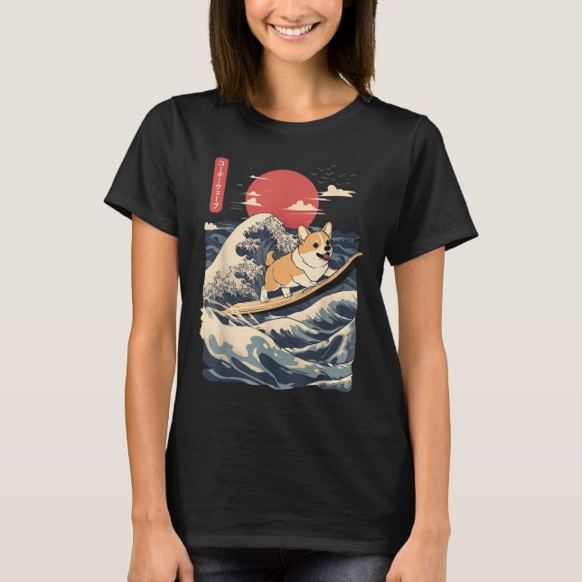 Corgi Surfing Japanisch Wave T-Shirt (Vorderseite)