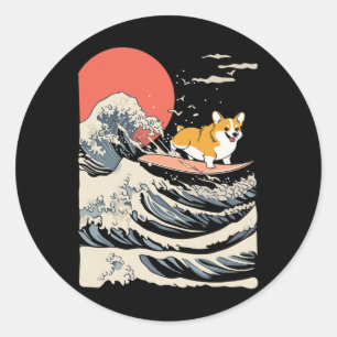 Corgi surft auf japanischer Welle _3 Runder Aufkleber