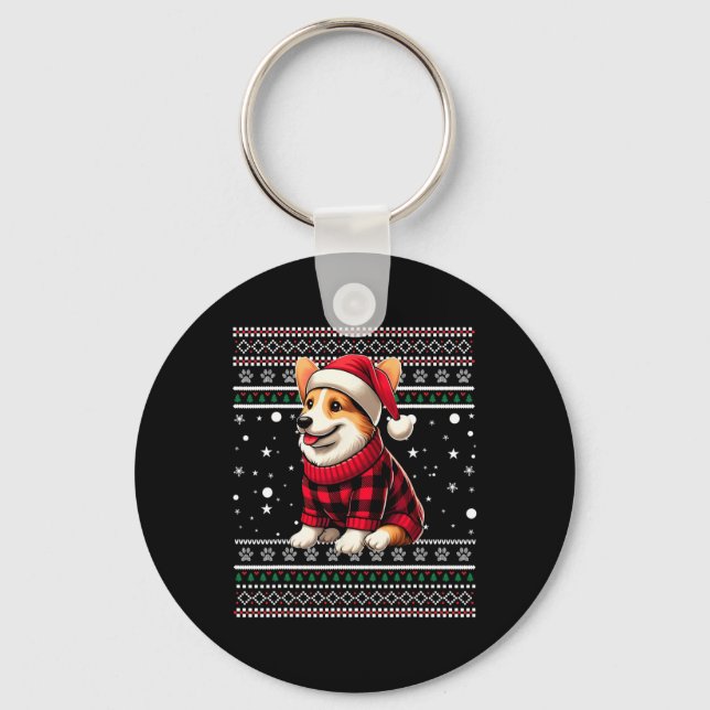 Corgi Ugly Funny Weihnachtsmannmütze Buffalo Karie Schlüsselanhänger (Vorderseite)