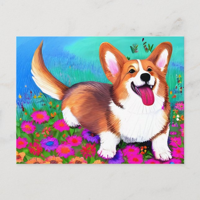 Corgi und Blume Postkarte (Vorderseite)