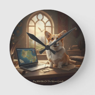 Corgi und Maus Runde Wanduhr