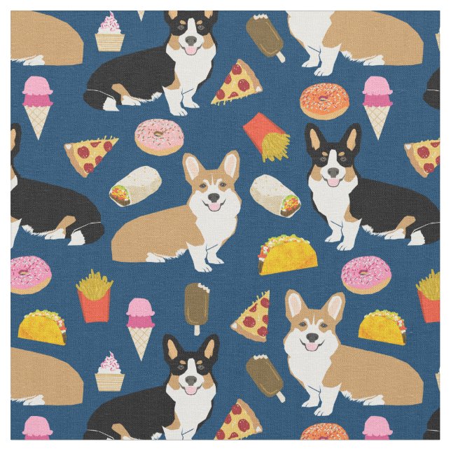 Corgi und tribfarbene Corgi-Junk-Lebensmittel Stoff (Nahaufnahme)