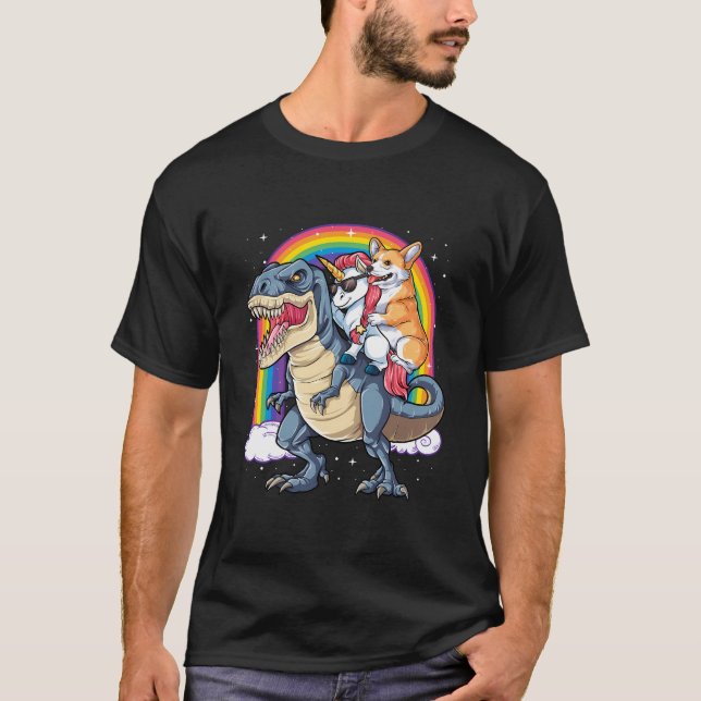 Corgi Unicorn Riding Dinosaur T Rex Geschenke Männ T-Shirt (Vorderseite)