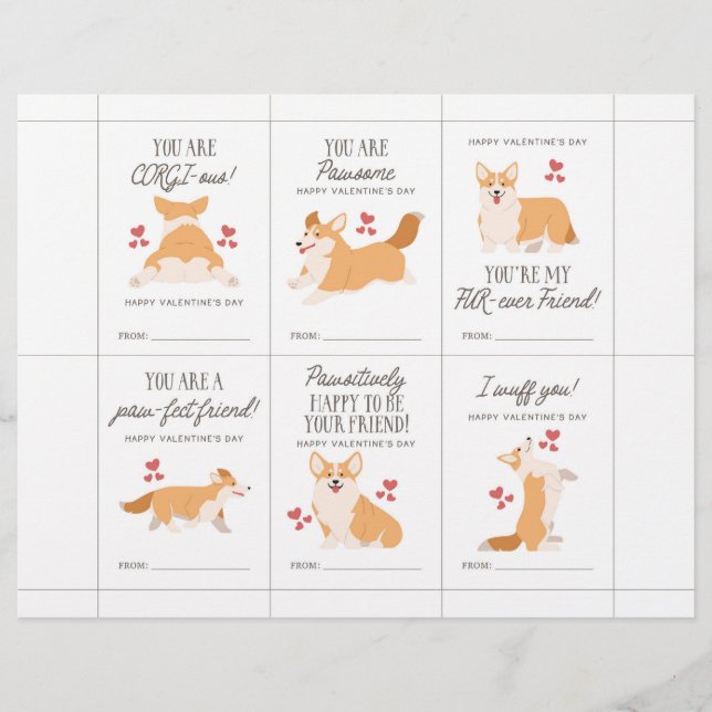 Corgi Valentinskarten für Kinder Briefbogen (Vorderseite)