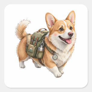 Corgi-Wanderabenteuer-Wasserfarbe-Sticker-Etikette Quadratischer Aufkleber