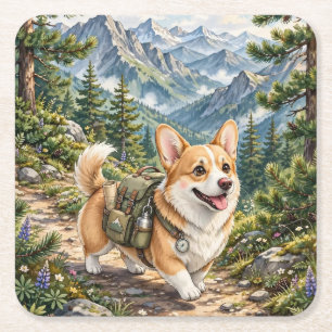 Corgi Wandern in Bergen Aquarell   Rechteckiger Pappuntersetzer