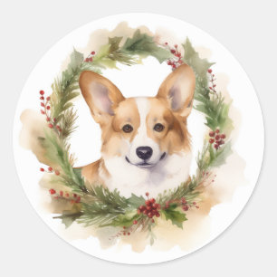 Corgi-Weihnachtskranz Festiver Hund Runder Aufkleber