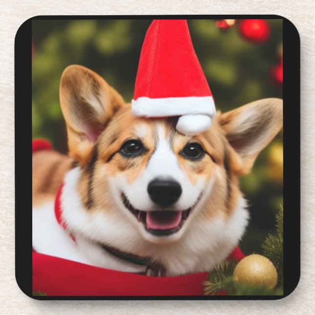 Corgi Weihnachtsspass. Cogi in einem Weihnachtsmut Getränkeuntersetzer (Vorderseite)