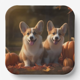 Corgi Welpe Herbstfreude Kürbis  Pappteller
