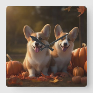 Corgi Welpe Herbstfreude Kürbis Quadratische Wanduhr