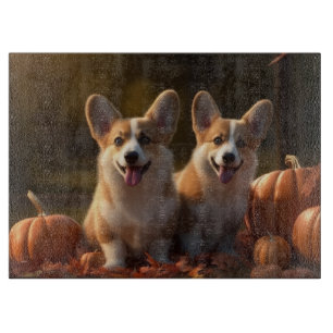 Corgi Welpe Herbstfreude Kürbis Schneidebrett
