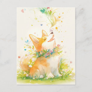 Corgi-Welpe mit Blumenkragen und Schmetterlingen Postkarte