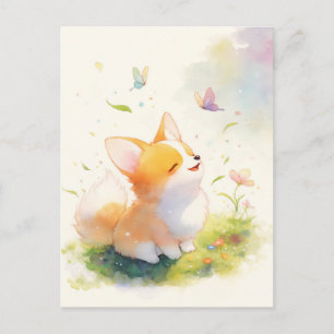 Corgi-Welpe mit Schmetterlingen auf sonniger Wiese Postkarte