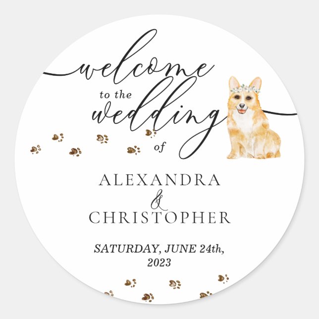 Corgi Welpen Dog Wedding Willkommen Runder Aufkleber (Vorderseite)