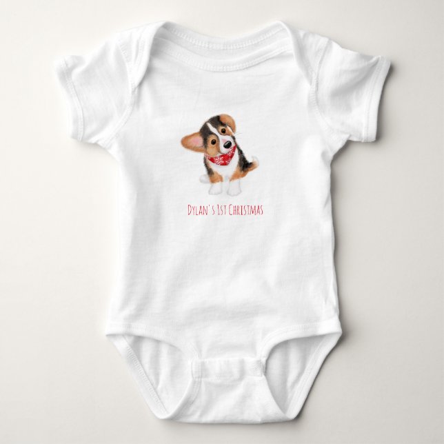 Corgi Welpenbaby's 1st Christmas Bodysuit Baby Strampler (Vorderseite)