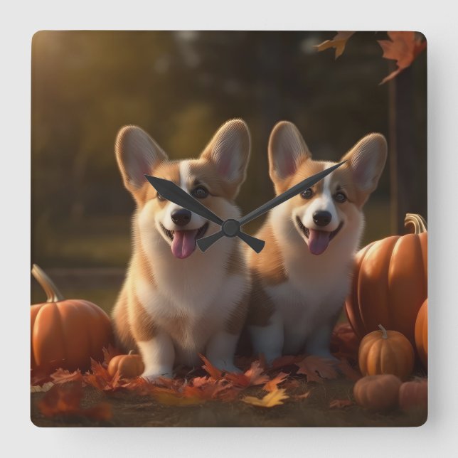 Corgi Welppy Autumn Delight Pumpkin Quadratische Wanduhr (Vorderseite)