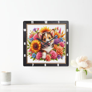 Corgi Welppy Floral Garden Quadratische Wanduhr