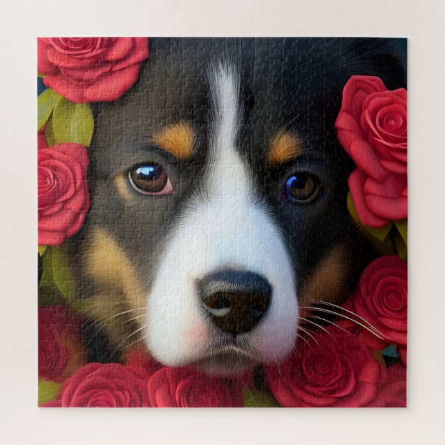 Corgi Welppy in rote Rosen (Vertikal)
