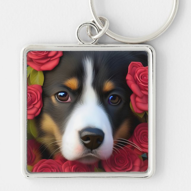 Corgi Welppy in rote Rosen Schlüsselanhänger (Vorne)