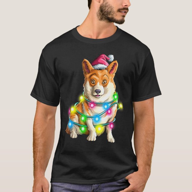 Corgi Welsh Weihnachtsbaumleuchten für Hunde T-Shirt (Vorderseite)