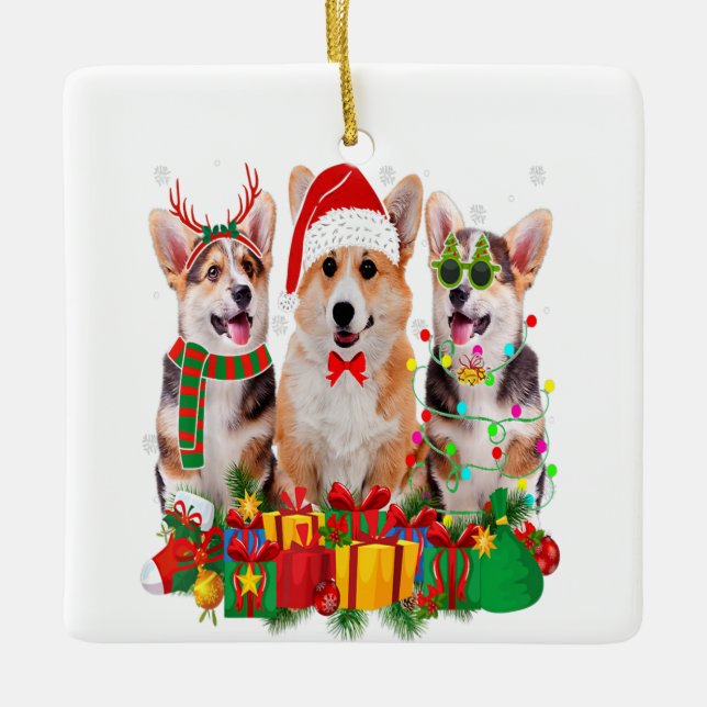 Corgi Xmas Lights Weihnachtsmannmütze Hund Lover Keramikornament (Vorderseite)