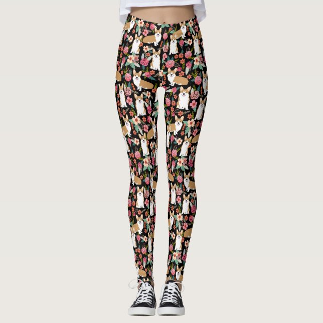 CorgiblumenLeggings - Schwarzes Leggings (Vorderseite)