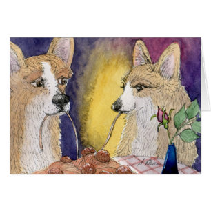 Corgihunde, die Spaghettis und Fleischklöschen