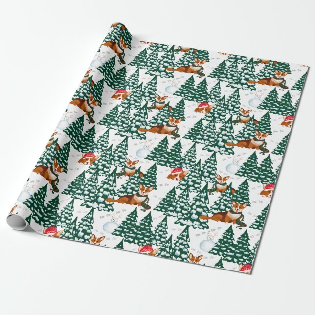 Corgis amüsieren sich im Winterwald - weiß Geschenkpapier (Ungerollt)
