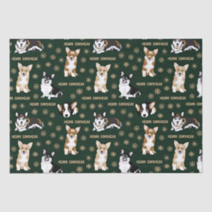 Corgis feiert Weihnachten- grüne Musterverpackung Seidenpapier