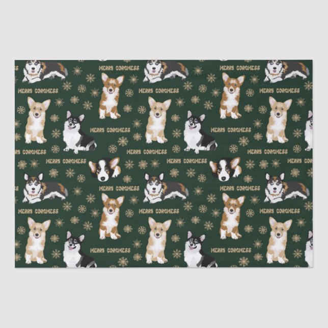 Corgis feiert Weihnachten- grüne Musterverpackung Seidenpapier (Vorderseite)