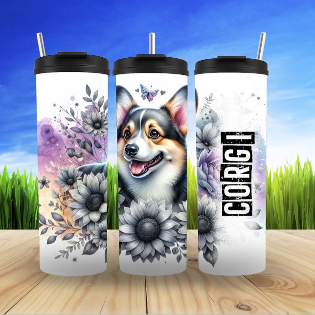 Corgis Graustufen-Blumenfreude Thermosbecher (Von Creator hochgeladen)