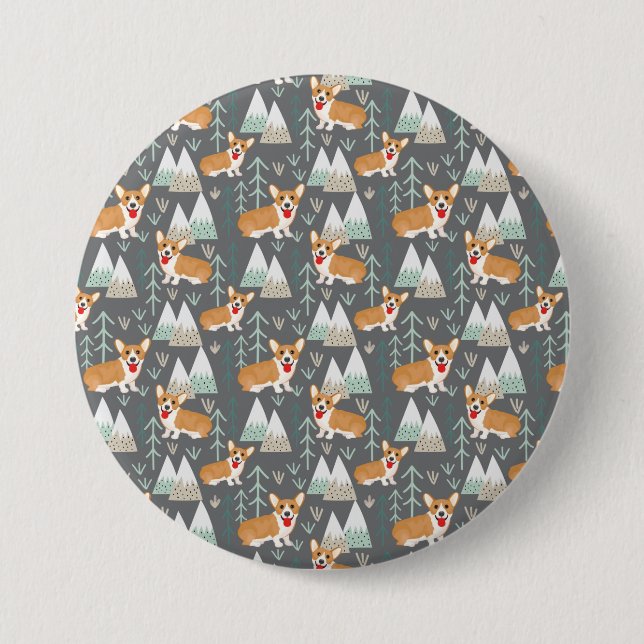 Corgis im Gebirge und Waldmuster Button (Vorderseite)