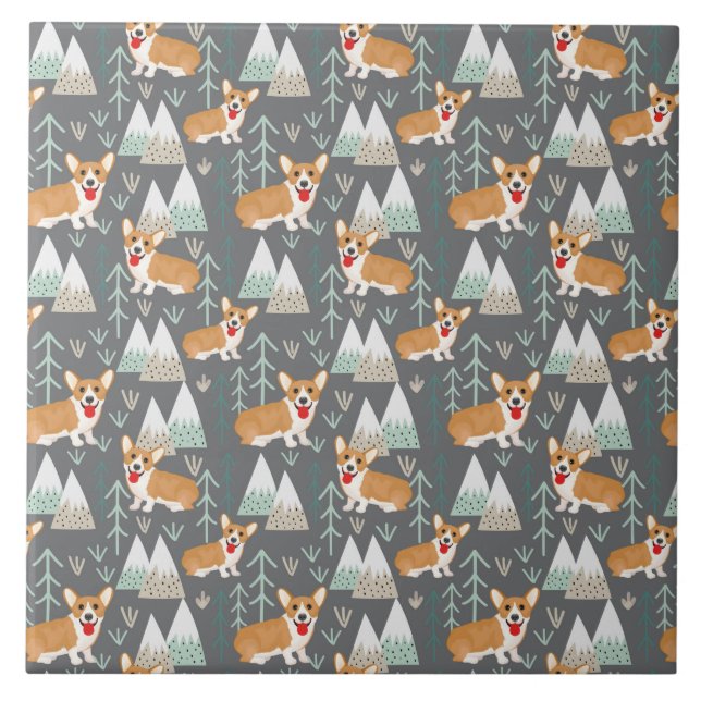 Corgis im Gebirge und Waldmuster Fliese (Vorderseite)