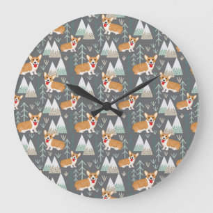 Corgis im Gebirge und Waldmuster Große Wanduhr