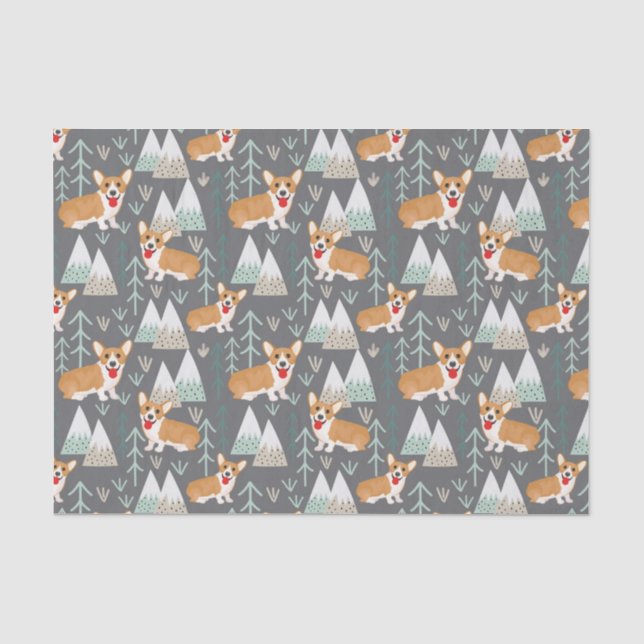 Corgis im Gebirge und Waldmuster Seidenpapier (Vorderseite)