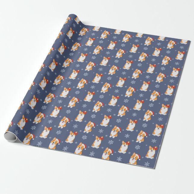 Corgis in Weihnachtsmannmützen und Schneeflocken-M Geschenkpapier (Ungerollt)