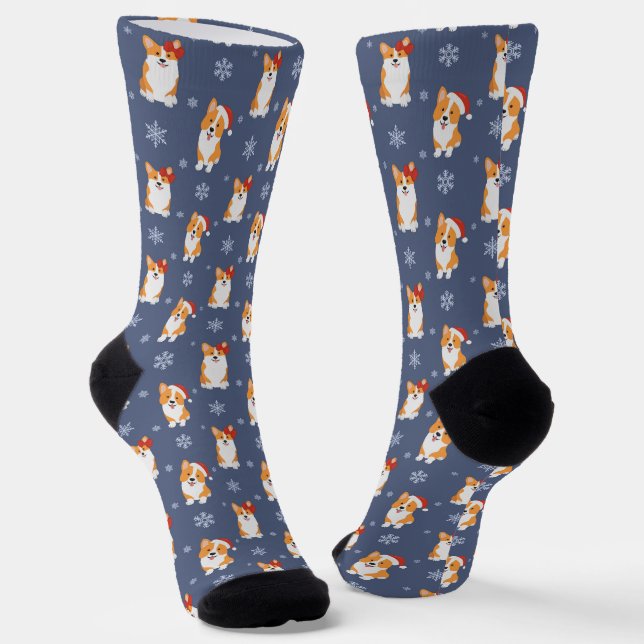 Corgis in Weihnachtsmannmützen und Schneeflocken-M Socken (Gewinkelt)