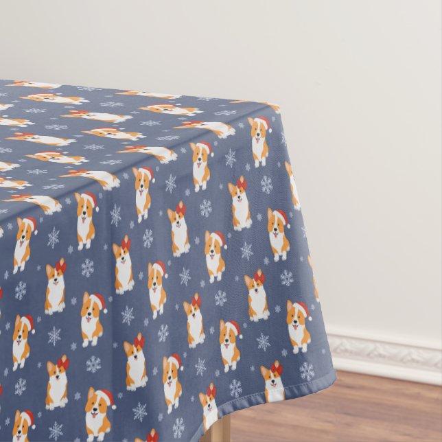 Corgis in Weihnachtsmannmützen und Schneeflocken-M Tischdecke (Beispiel)