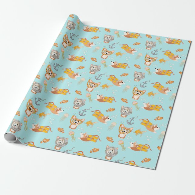 Corgis tauchen im Ozeanmuster Geschenkpapier (Ungerollt)